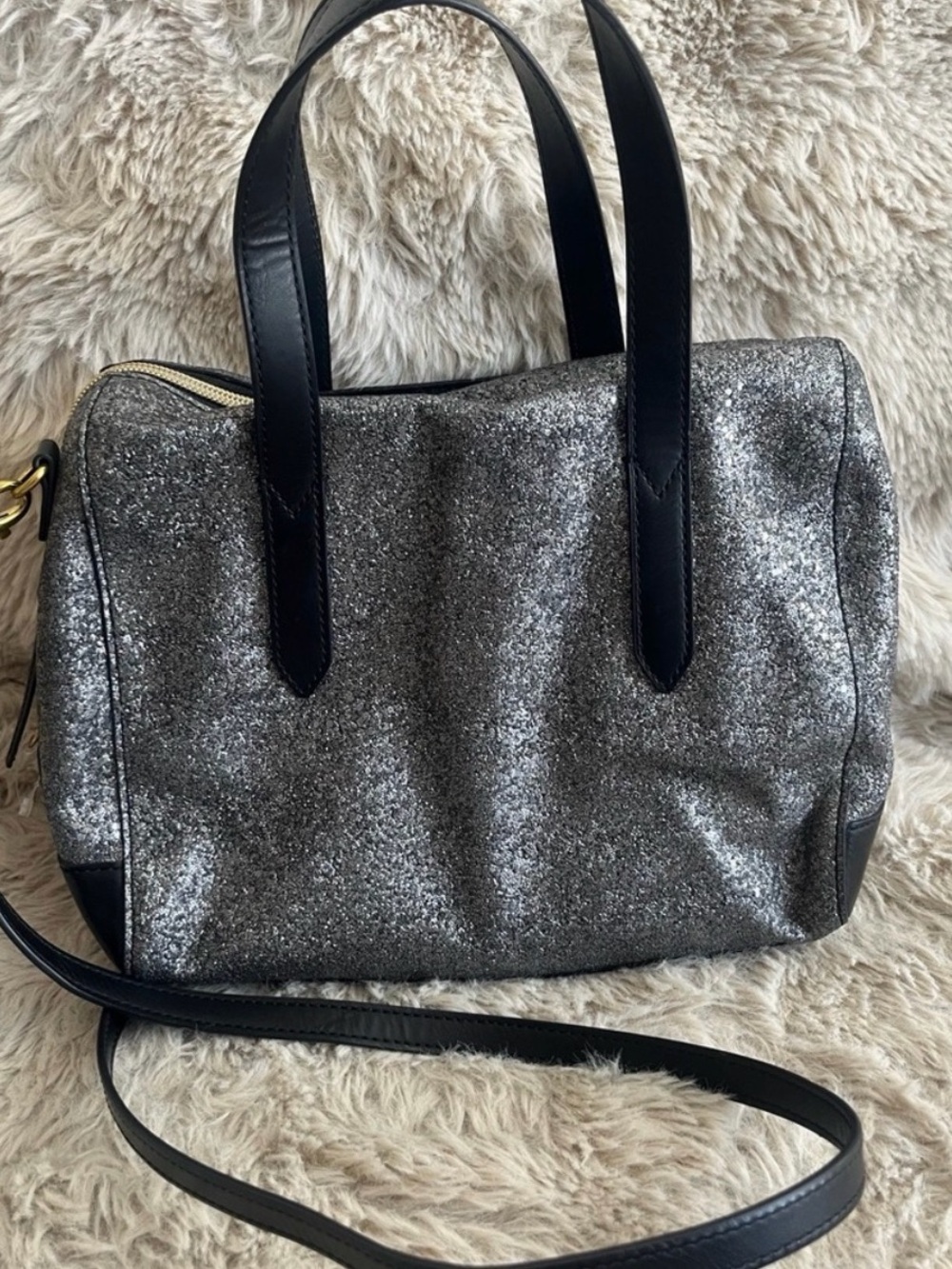 Fossil Silver Glitter Tote Handbag with Black Trim